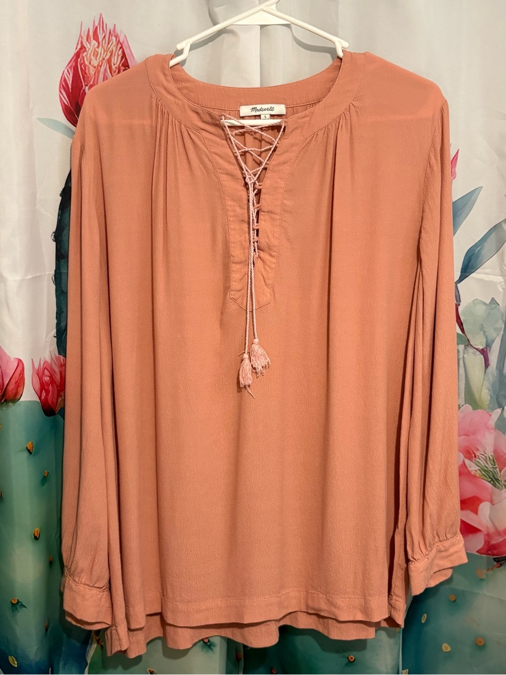 Madewell Womens L Rose Pink Solid 100% Viscose Woven Tie Neck Tasseled Blouse